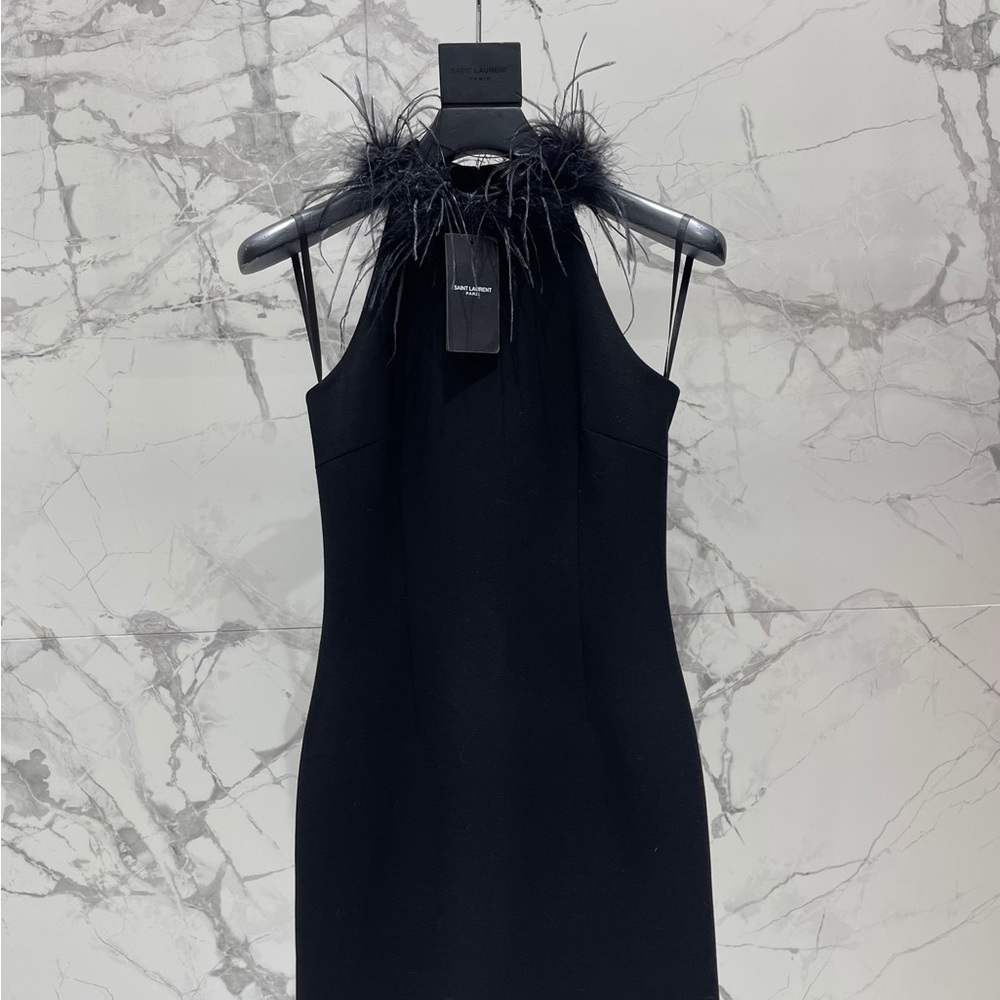 Saint Laurent Black Strapless Feather-Trim Sheath Dress - Picture 5 of 9